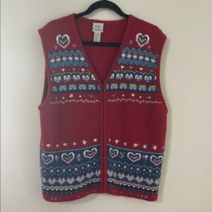 Vintage Cozy Red Wool Knit Vest with Heart Pattern